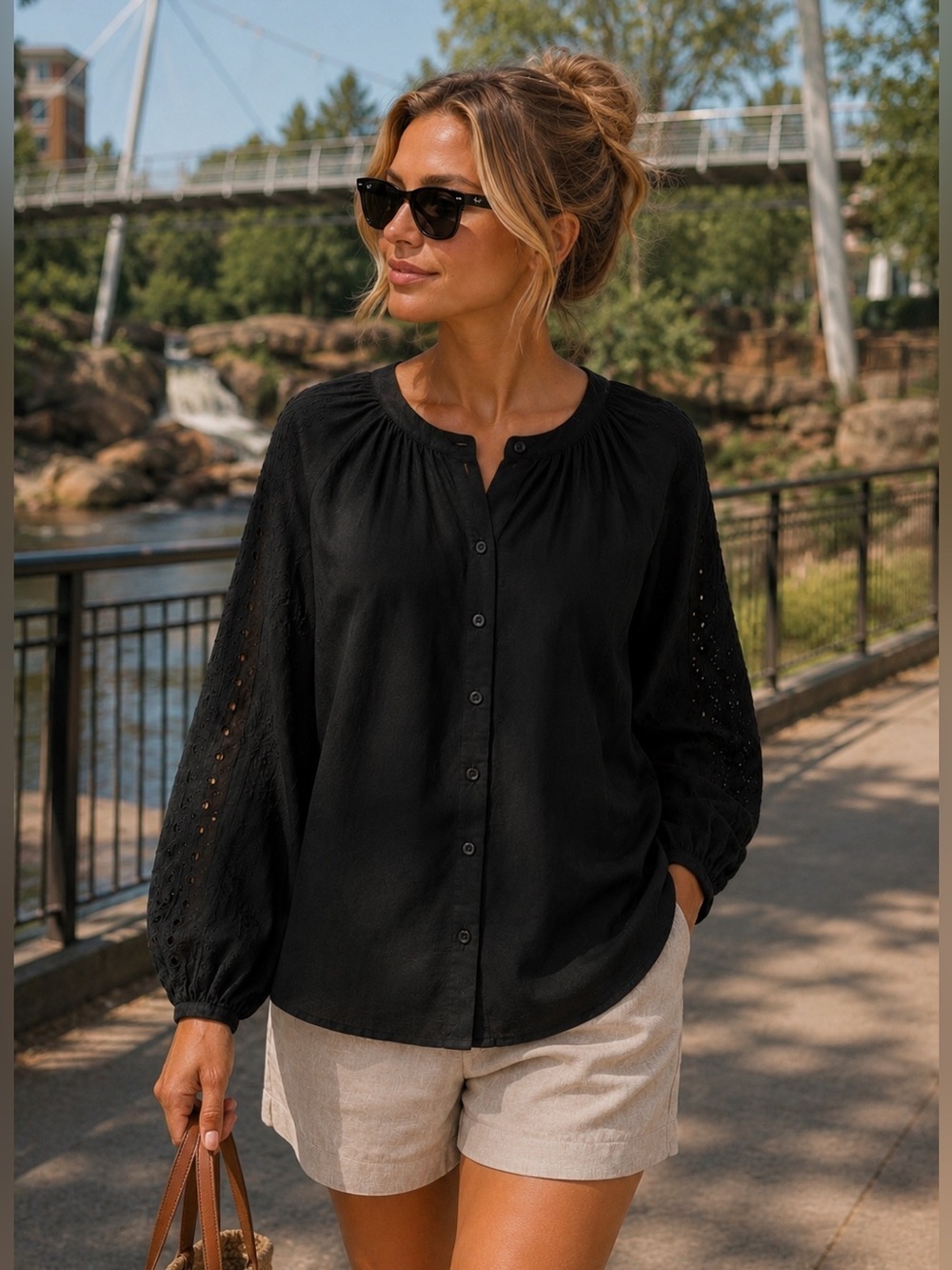 Old Navy Blouse Eyelet Sleeve Button Up Black XL - Picture 5 of 15